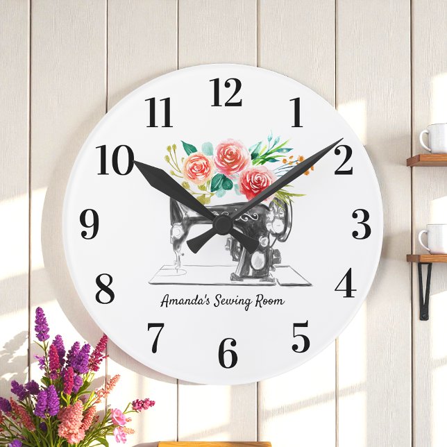 Black Sewing Machine White Floral Round Clock (Creator Uploaded)