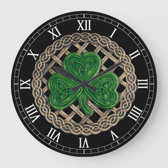 Black Shamrock & Celtic Knots Roman Numerals Clock (Front)