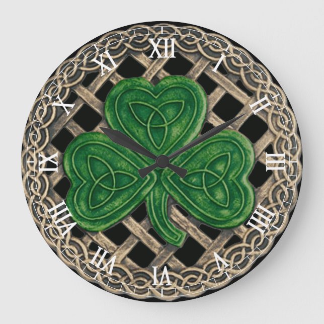 Black Shamrock & Celtic Knots Roman Numerals Clock (Front)
