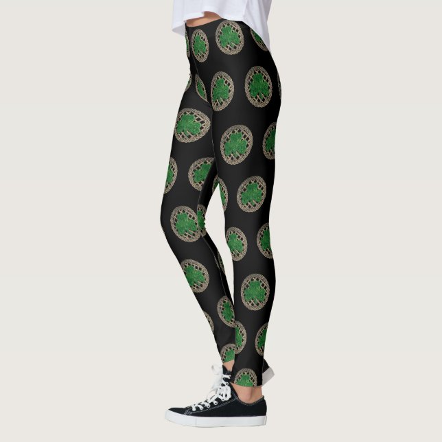 Black Shamrock On Celtic Knots Leggings (Left)