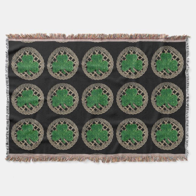 Black Shamrock On Celtic Knots Throw Blanket (Front)