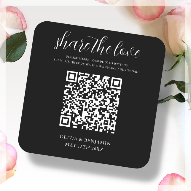 Black | Share The Love |  Wedding Square Paper Coaster (Creator Uploaded)