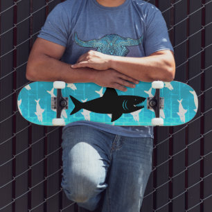 Black Shark Gray Shark Pattern Blue Background Skateboard