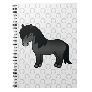 Black Shetland Pony Cartoon Drawing And Horseshoes Notebook