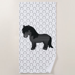 Black Shetland Pony Cute Cartoon Illustration Beach Towel