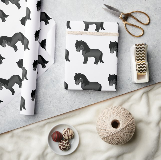 Black Shetland Pony Cute Cartoon Pony Pattern Wrapping Paper (Crafts)