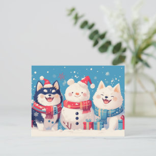 Black Shiba Inu and Samoyed dog with Snowman Holiday Postcard