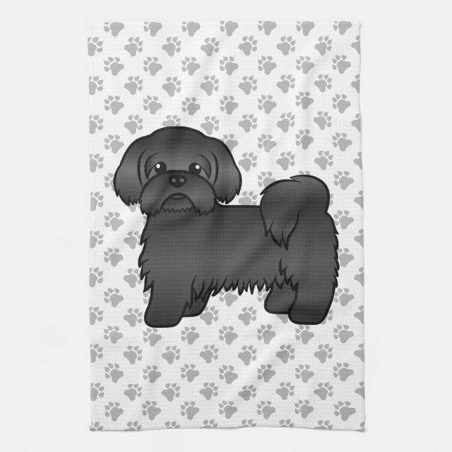 Black Shih Tzu Cute Cartoon Dog Illustration Tea Towel (Vertical)