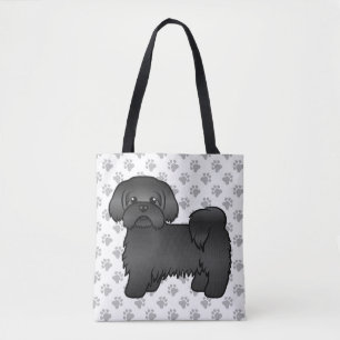 Black Shih Tzu Cute Cartoon Dog & Paws Tote Bag