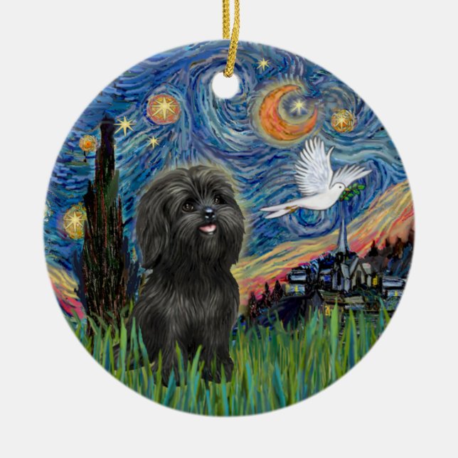 Black Shih Tzu in "Starry Night" inspired Ornament (Front)