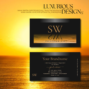Black Shimmery Orange Pattern Monogram Dark Frame Business Card