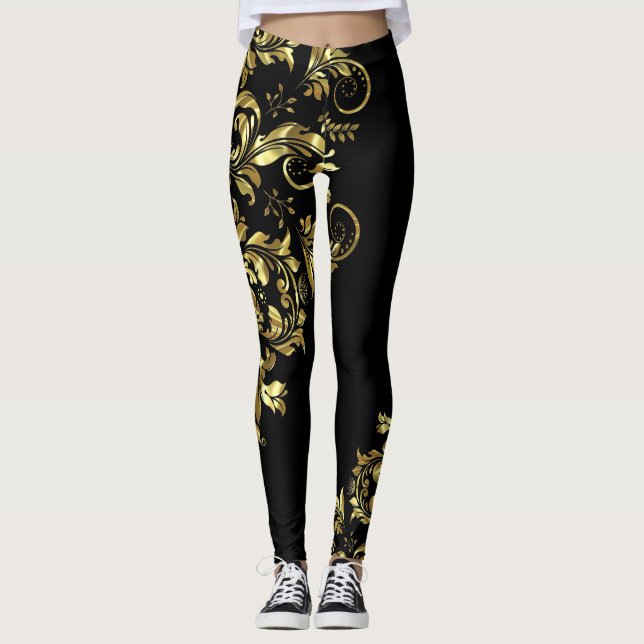 Black & Shiny Gold Floral Lace Asymmetrical Design Leggings (Front)