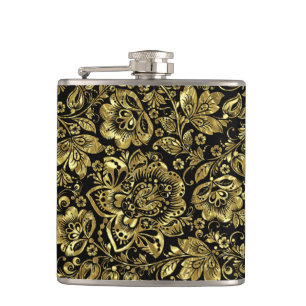 Black & Shiny Gold Flowers Pattern Hip Flask