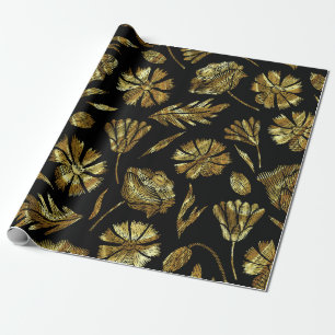 Black & Shiny Gold Flowers Pattern Wrapping Paper