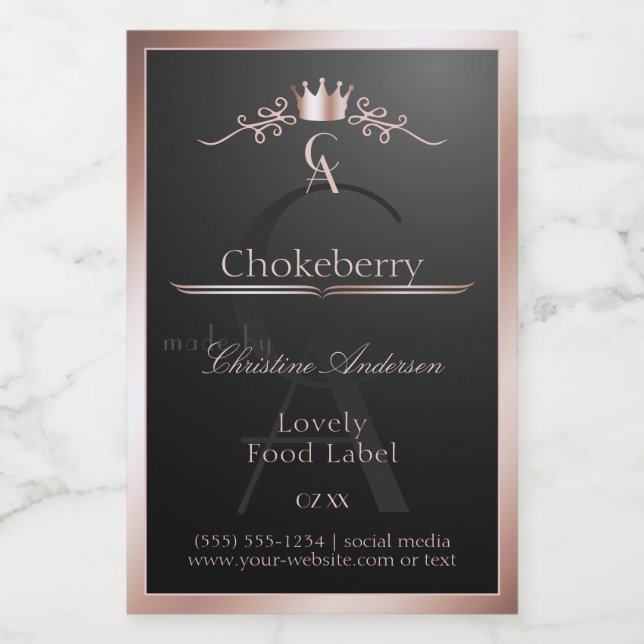 Black Shiny Product Label Rose Gold Frame Monogram (Single Label)