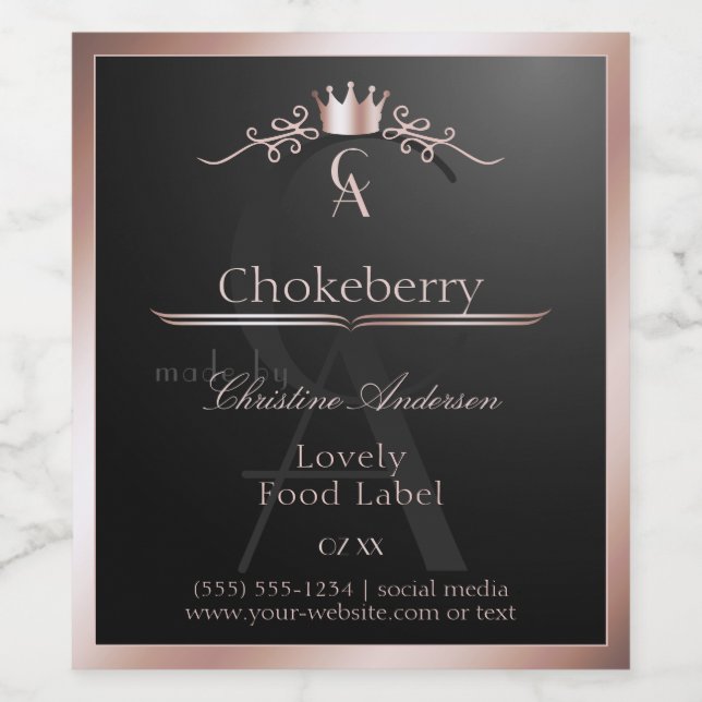 Black Shiny Product Label Rose Gold Frame Monogram (Single Label)