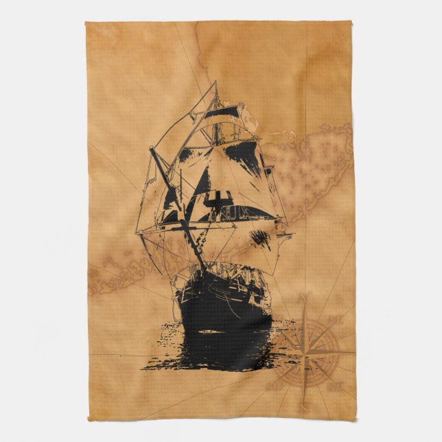 Black Ship Silhouette Tea Towel (Vertical)