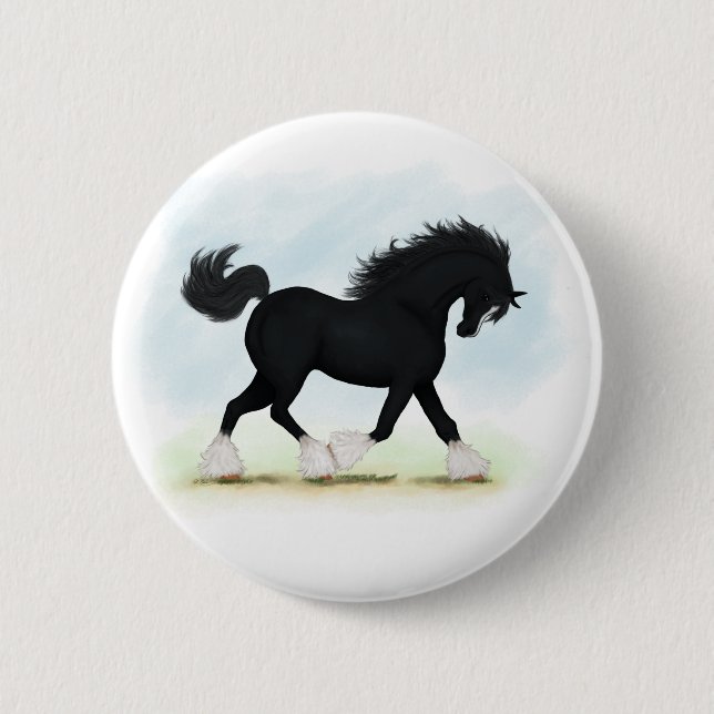 Black Shire Horse With Blaze and Stockings 6 Cm Round Badge (Front)