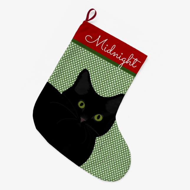 Black Short Hair Cat Green Eyes Personalised Large Christmas Stocking (Front (Hanging))