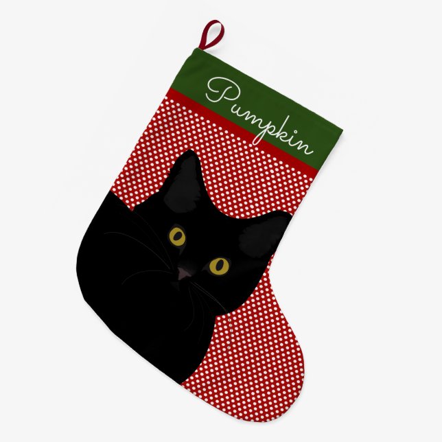 Black Short Hair Cat Yellow Eyes Personalised Large Christmas Stocking (Front (Hanging))