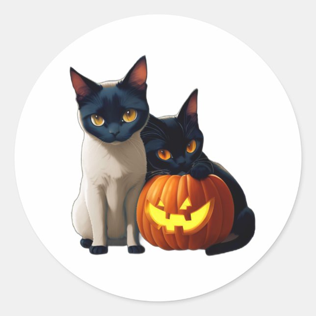 Black Siamese Cat Pumpkin Cute Kawaii Animals Pets Classic Round Sticker (Front)