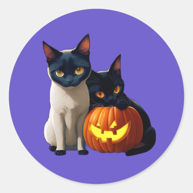 Black Siamese Cat Pumpkin Cute Kawaii Animals Pets Classic Round Sticker (Front)