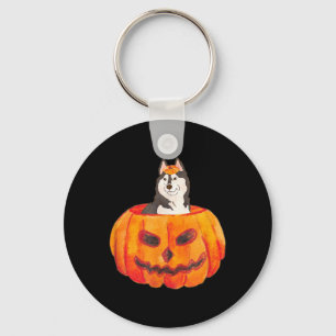 Black Siberian Husky Dog Happy Halloween Pumpkin Key Ring