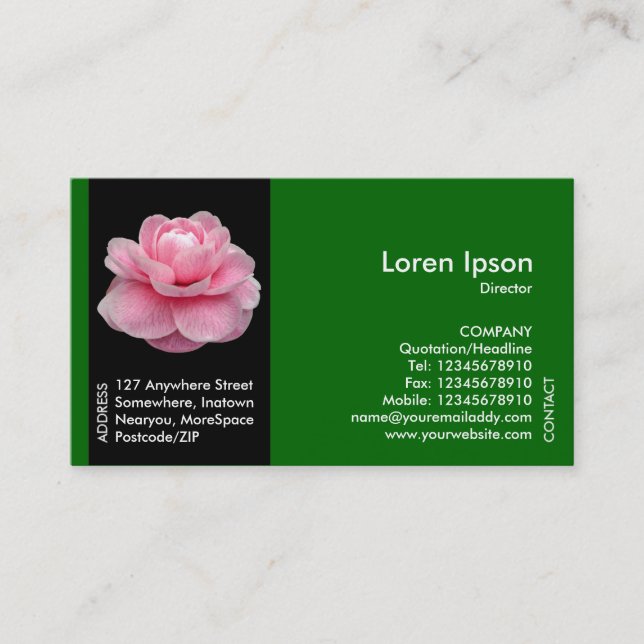 Black Side Band Flower - Pink Camellia II - Green Business Card (Front)