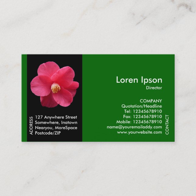 Black Side Band Flower - Red Camellia II - Green Business Card (Front)