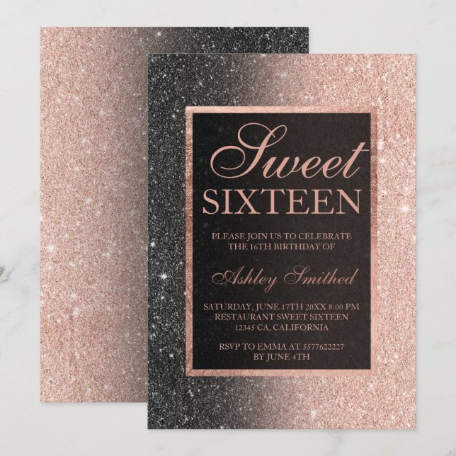 Black side rose gold glitter elegant chic Sweet 16 Invitation (Front/Back)