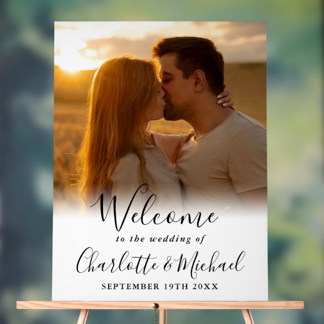Black Signature Script Photo Wedding Welcome Acrylic Sign (Neutral)