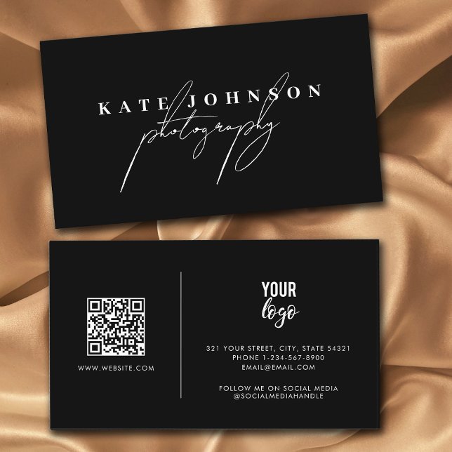 Black Signature Script QR Code Social Media  Business Card (Creator Uploaded)