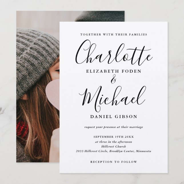 Black Signature Script Rustic Kraft Photo Wedding Invitation (Front/Back)
