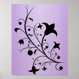 Black Silhouette Abstract Scroll Flowers Purple Poster