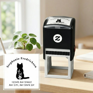Black Silhouette Cat Floral Pet Lover Self-inking Stamp
