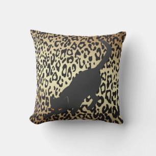 Black Silhouette Cat on Cheetah Background Cushion