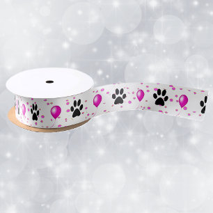Black Silhouette Cat Paw Prints Pink Balloons Dots Satin Ribbon