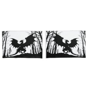 Black Silhouette Dragon on White - Fantasy   Pillowcase