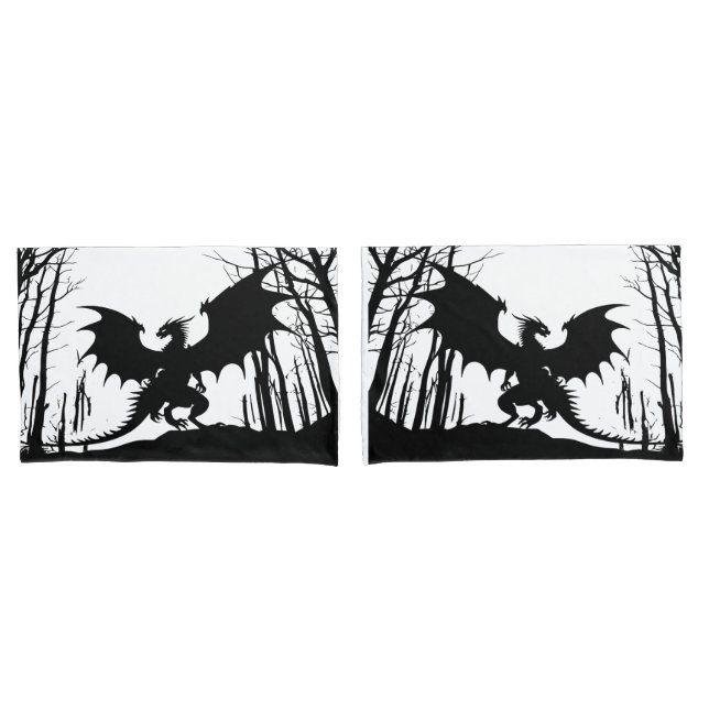 Black Silhouette Dragon on White - Fantasy | Pillowcase (Front-Set)