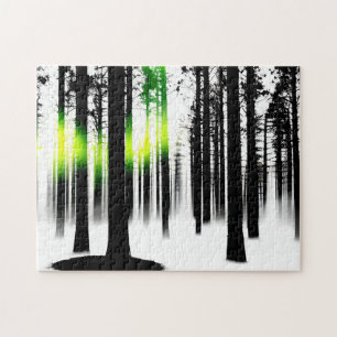 Black Silhouette Forest with Green Glow Jigsaw Puzzle