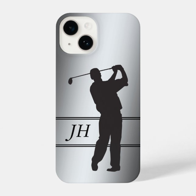 Black Silhouette Golfer on Silver Monogram  iPhone Case (Back)