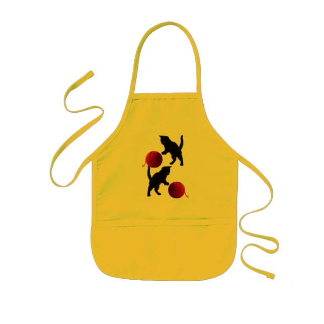 Black Silhouette Kitty, with red wool Ball Kids Apron (Front)