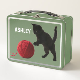 Black Silhouette Kitty, with red wool Ball T-Shirt Metal Lunch Box