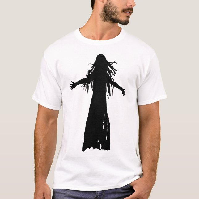 Black silhouette of a woman with long flowing hair T-Shirt (Front)