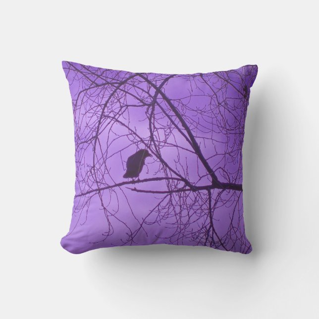 Black Silhouette of Crow Tree Branches Purple Sky Outdoor Cushion (Front)