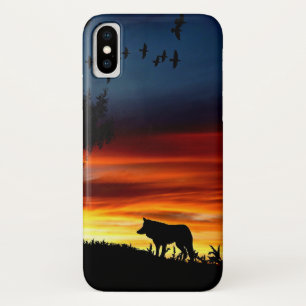 Black Silhouette of Wolf, Birds and Tree in Sunset iPhone X Case