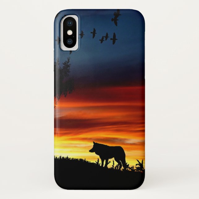 Black Silhouette of Wolf, Birds and Tree in Sunset Case-Mate iPhone Case (Back)