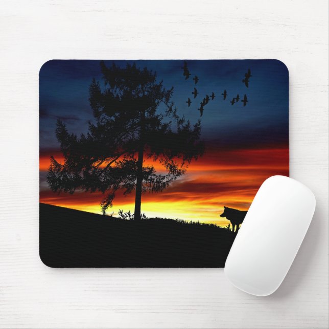 Black Silhouette of Wolf, Birds and Tree in Sunset Mouse Mat (With Mouse)