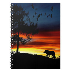 Black Silhouette of Wolf, Birds and Tree in Sunset Notebook