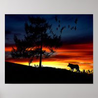 Black Silhouette of Wolf, Birds and Tree in Sunset